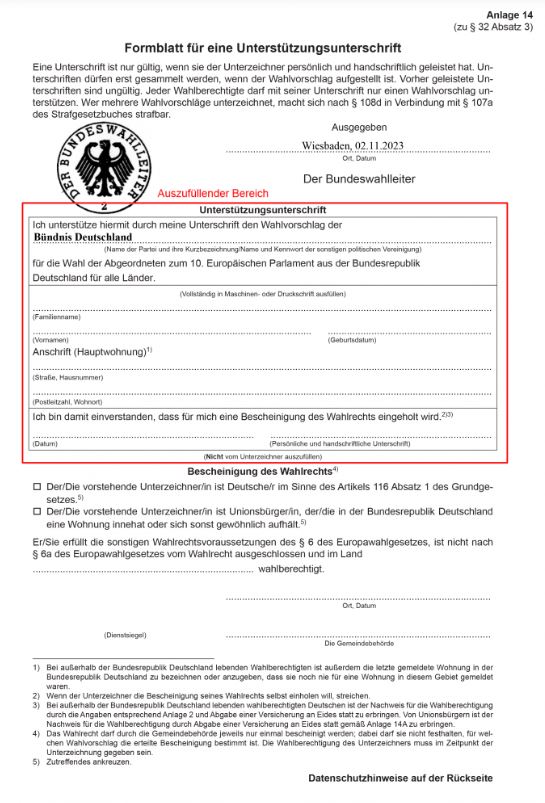 Ansicht Unterstuetzungsunterschrift